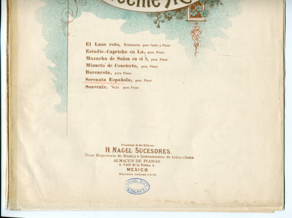 Partition de la «Serenata Española para piano» de Vicente Mañas Orihuel (1858-1931) – «A mi distinguida discipula Señorita Dolores Elcoro» (H. Nagel Sucesores, Mexico)